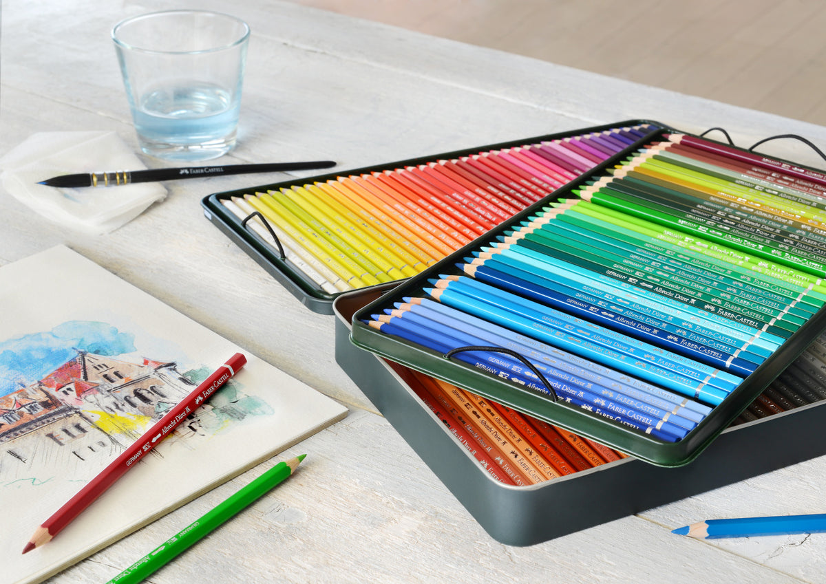Albrecht Dürer Artists' Watercolour Pencils Tin of 120 in Metal Case 117511 by Faber-Castell with pencils drawing sample