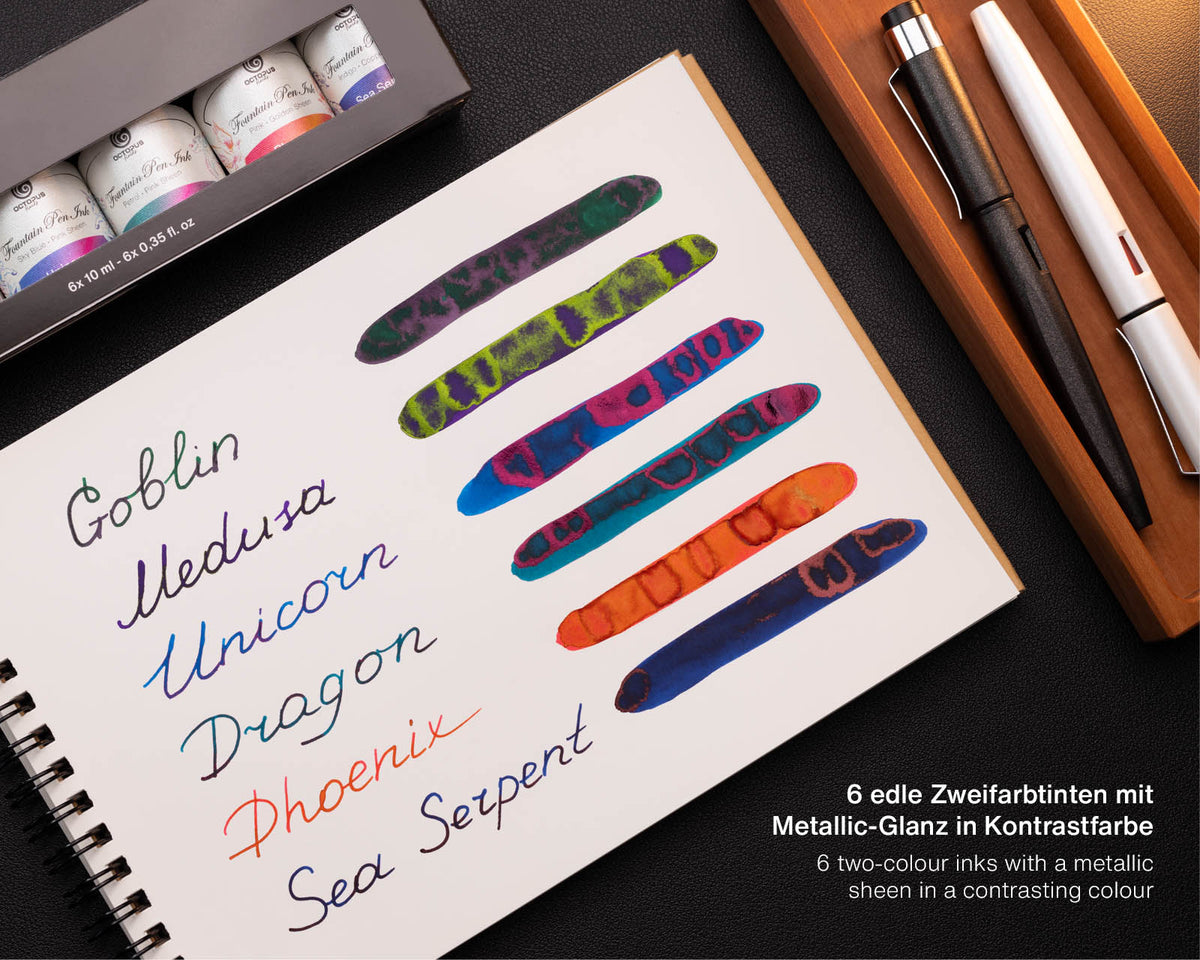 SHEEN INK Set of 6 x 10 ml Fountain Pen Inks Octopus Swatch