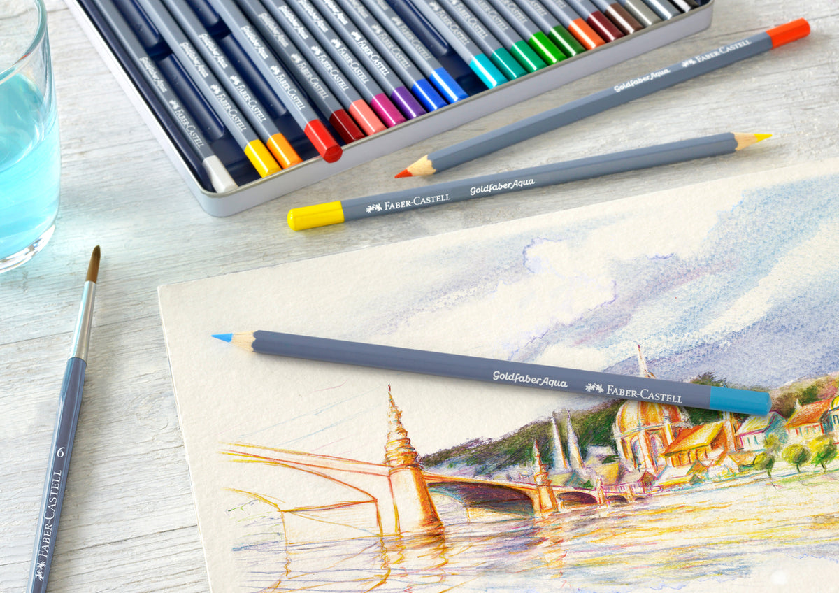 Goldfaber Watercolor Pencils Tin and art sample drawing