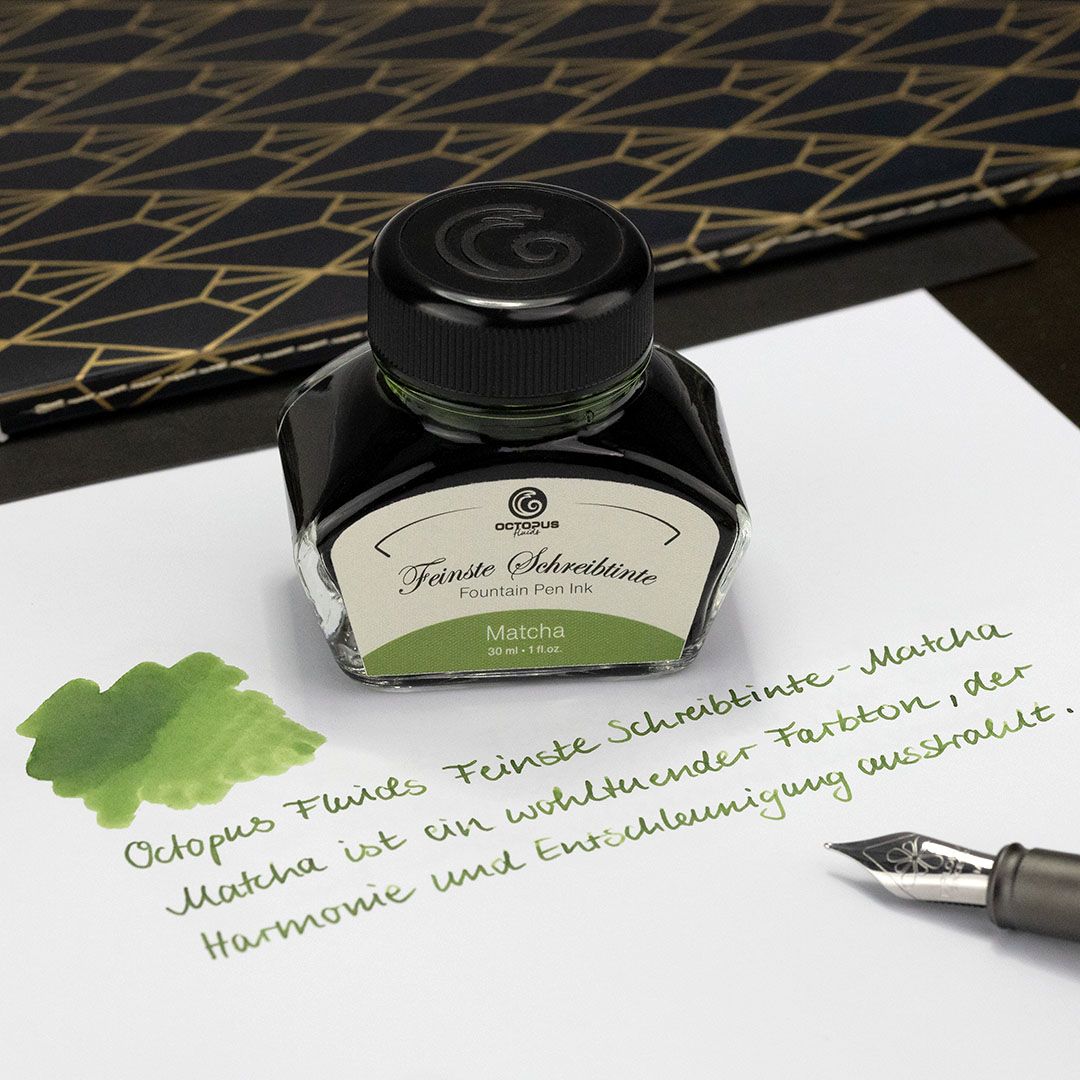 Octopus ink matcha green bottle with writing sample