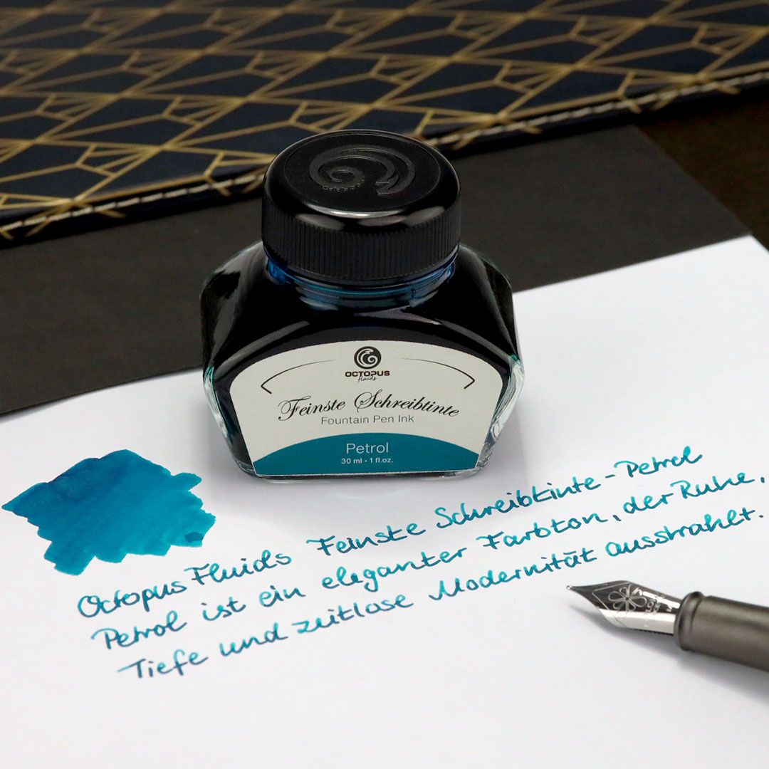 Octopus ink petrol blue bottle with writing sample