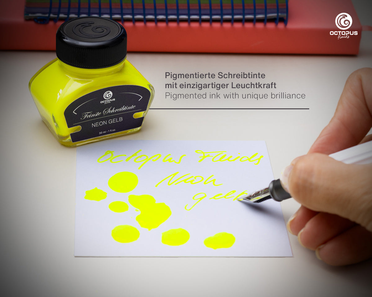NEON YELLOW Octopus Fluids Highlighter Ink Bottle 30 ml   with writing sample
