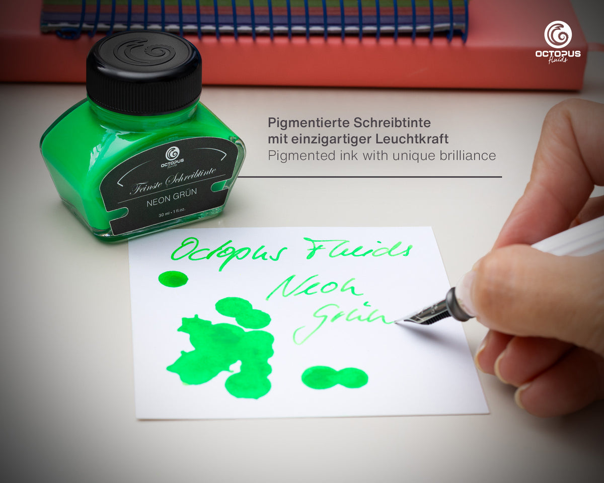 NEON GREEN Octopus Fluids Highlighter Ink Bottle 30 ml   with writing sample
