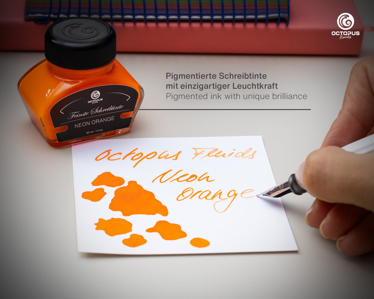 NEON ORANGE Octopus Fluids Highlighter Ink Bottle 30 ml  with writing sample