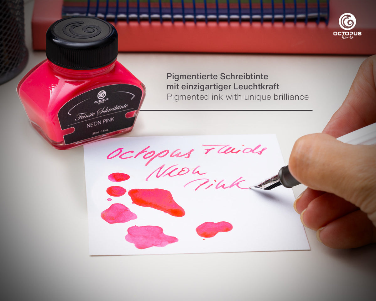 NEON PINK Octopus Fluids Highlighter Ink Bottle 30 ml writing sample swatch