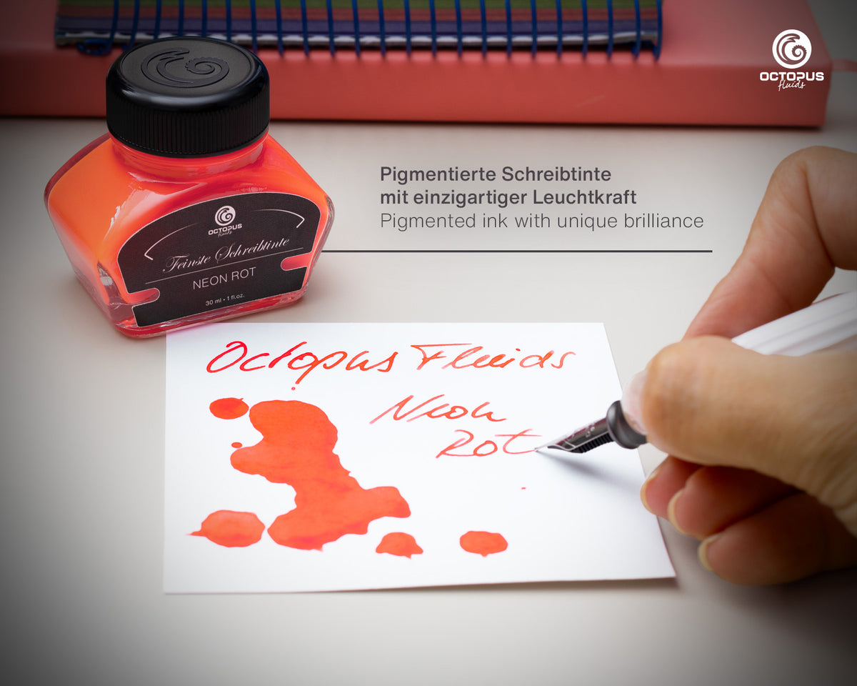 NEON RED Octopus Fluids Highlighter Ink Bottle 30 ml writing sample