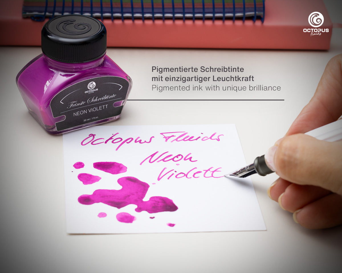 NEON VIOLET Octopus Fluids Highlighter Ink Bottle 30 ml writing sample swatch