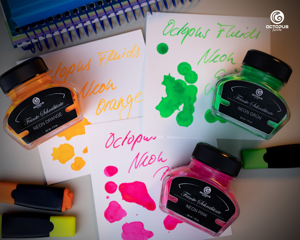 NEON ORANGE Octopus Fluids Highlighter Ink Bottle 30 ml  writing sample and swatch cards