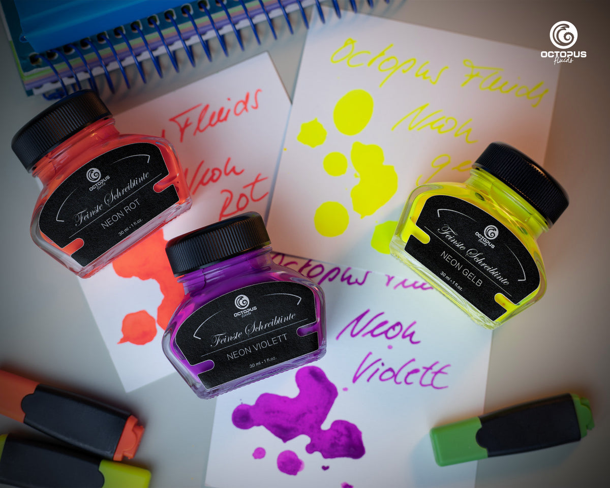 NEON VIOLET Octopus Fluids Highlighter Ink Bottle 30 ml writing sample swatch