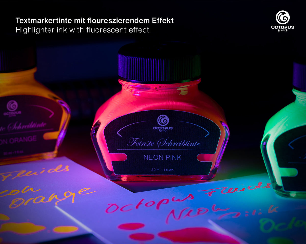 NEON PINK Octopus Fluids Highlighter Ink Bottle 30 ml writing sample swatch fluorescent