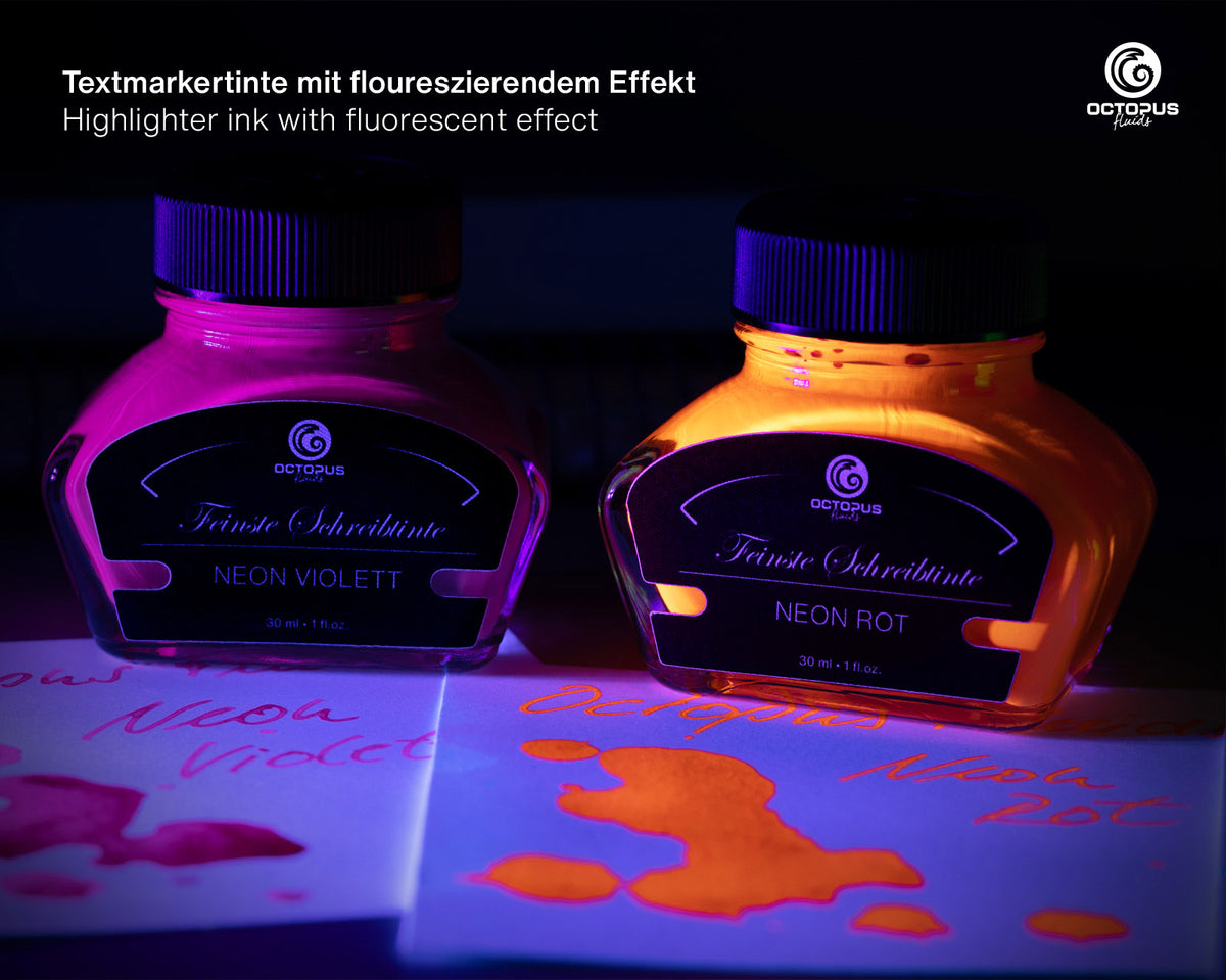 NEON VIOLET Octopus Fluids Highlighter Ink Bottle 30 ml writing sample fluorescent